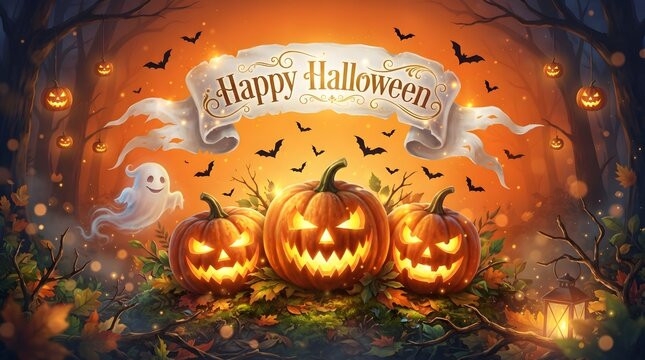 A vibrant and festive happy halloween scene filled with glowing pumpkins and playful bats creating a spooky atmosphere