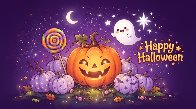 A spooky and delightful halloween scene featuring pumpkins ghosts and a crescent moon