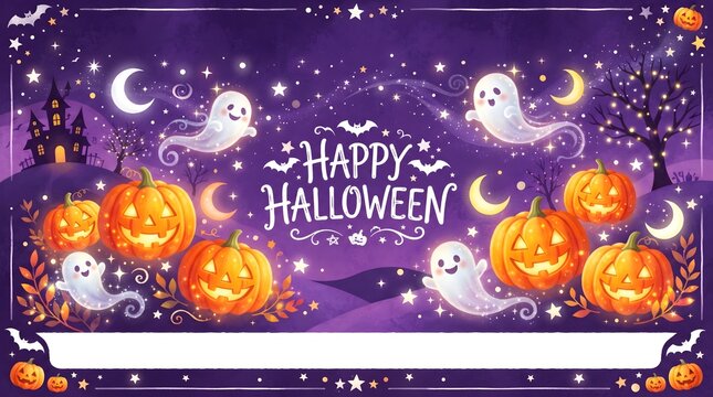 A spooky and delightful halloween scene featuring jack o' lanterns ghosts and a beautiful night sky