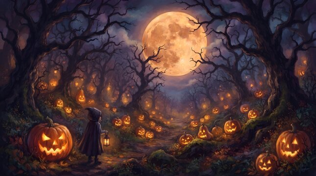 A spooky halloween night scene featuring a full moon jack o' lanterns and silhouetted trees
