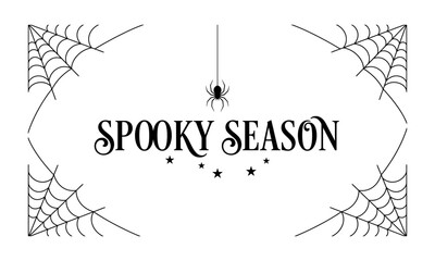 Fototapeta premium Spooky Season Halloween text design with spider web corners and hanging spider illustration.
