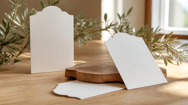 Blank invitation cards and tags on a wooden table with greenery.