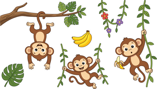 Cute Monkey Jungle Vector Clipart Set with Cartoon Monkeys Hanging on Tree Branch, Lianas, Monstera Leaves, and Bananas for Kids Safari Room Designs