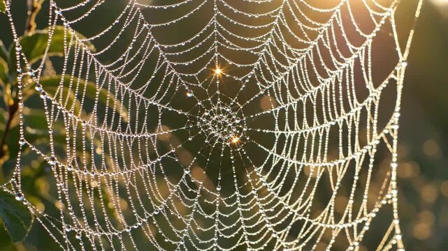 Close-up view of dewy spiderweb in morning light