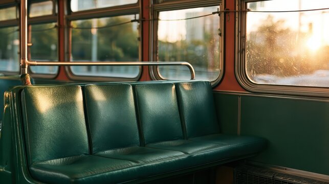 Empty bus interior with green bench seating and sunlight filtering through windows creating warm and inviting atmosphere for travel and transit experience
