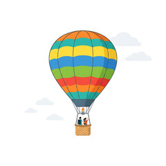 Fototapeta premium Colorful hot air balloon with people riding in basket floating in the sky