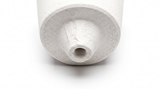 Macro of railway track thermite weld crucible pouring nozzle. Heat-resistant refractory ceramic cone showing porous texture. Rail joining hardware isolated.