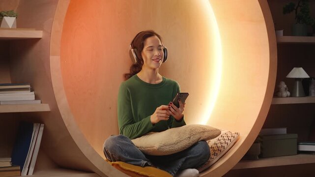 Carefree Korean woman enjoys favorite music in headset, relaxing in home study