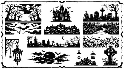 Fototapeta premium Embrace the spooky season with a collection of eerie halloween illustrations haunted houses graveyards bats and jack o' lanterns for a thrilling