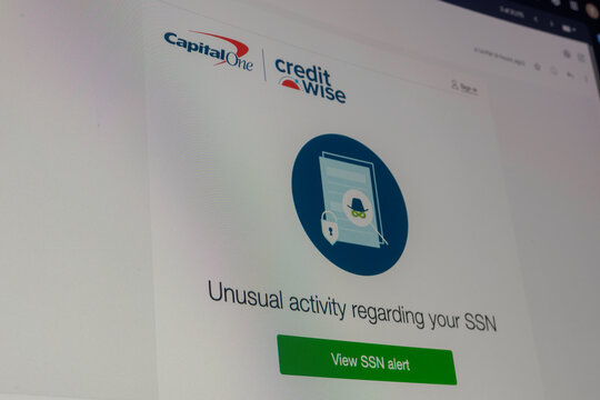 Computer screen showing Capital One CreditWise SSN unusual activity notice