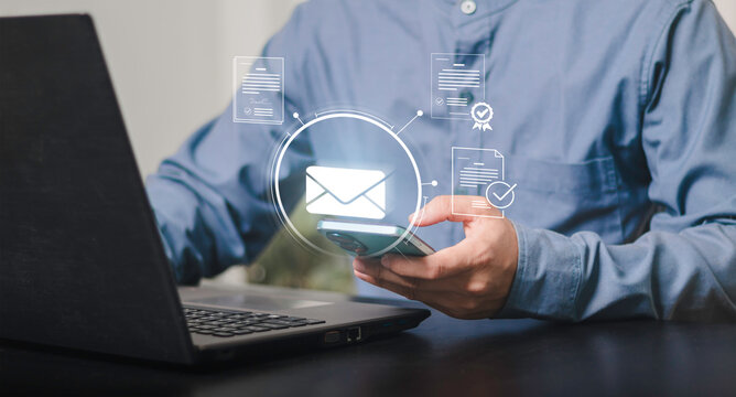 Digital business communication concept featuring email, approved documents and checklist icons, representing compliance auditing, license verification, document management and corporate governance.