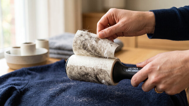Person using a lint roller to remove lint from a sweater at home  