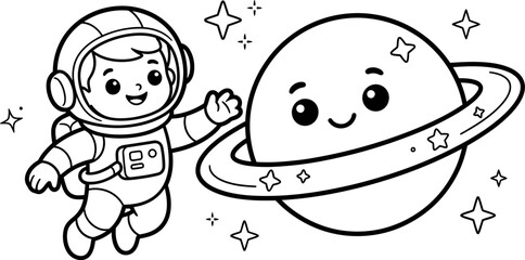 Cute cartoon astronaut waving at a friendly planet with rings in outer space black and white line art © HUSNEARA