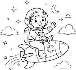 Fototapeta premium Cute cartoon astronaut riding a rocket ship in space black and white coloring page for young children