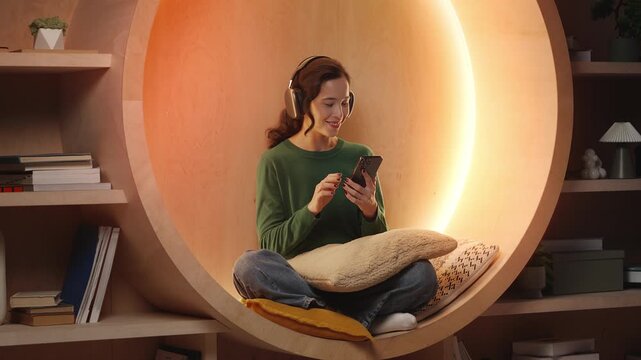 Happy young Asian woman listens to music in headset in modern library, relaxing