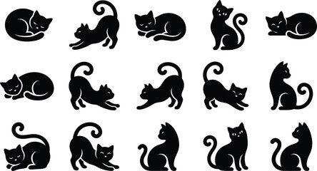Fototapeta premium Black Cat Silhouette Collection Set Featuring Cute Sitting, Sleeping And Walking Feline Poses