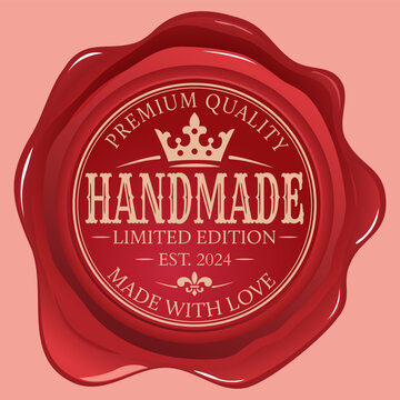 Vintage red wax seal with circular emblem featuring a stylized crown and ornate text on a pink background.