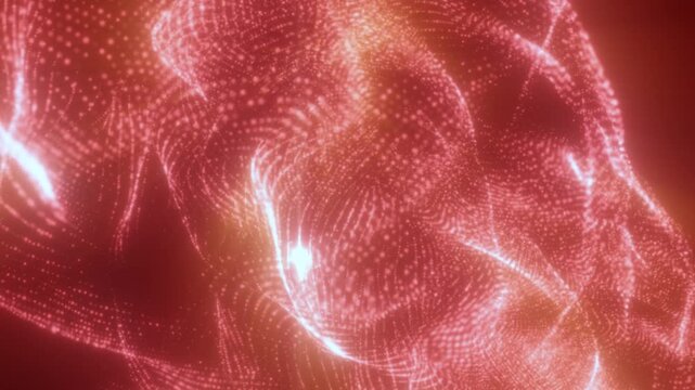 Flowing red particle waves create a luminous digital landscape