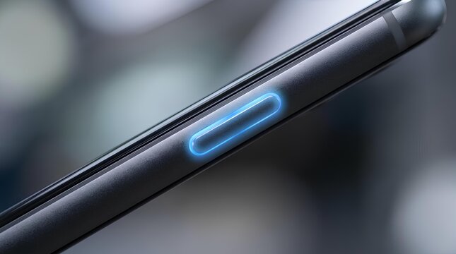 Smartphone side view showing glowing blue touch sensor button on black frame.