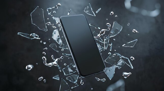 Smartphone surrounded by flying shards of broken glass.