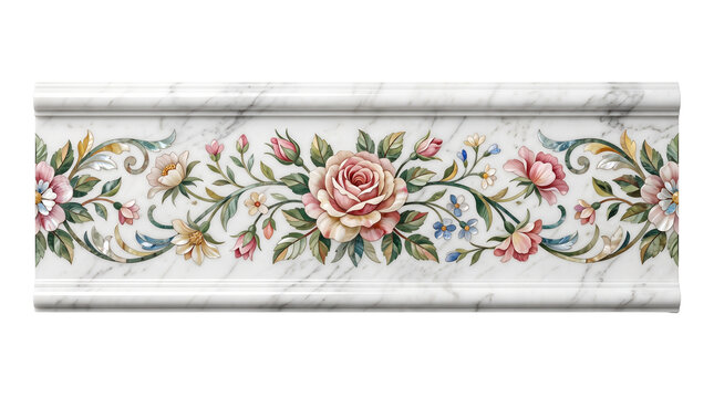 Vintage floral ceramic border tile, elegant marble texture with pink roses, classical decorative porcelain frieze for interior design isolated PNG with Transparent Background