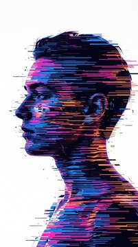 A digital abstract portrait of a human profile with fragmented, glitch-like horizontal streaks in vivid blue, pink, and orange tones on a white background. 