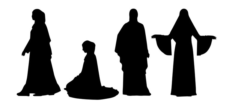 Muslim women wearing hijab and abaya standing and praying silhouette set