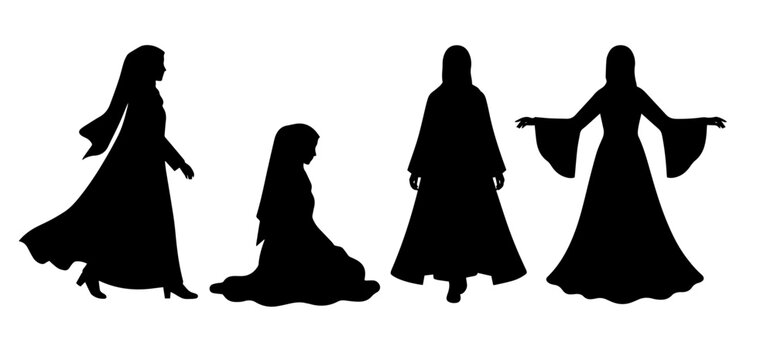 Muslim women wearing hijab and abaya silhouettes vector set.