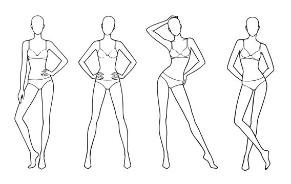 Fashion model croquis poses female body croquis linear vector set