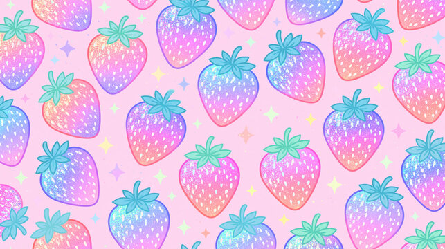 cute seamless pattern of holographic strawberries, cute pattern, kawaii strawberries