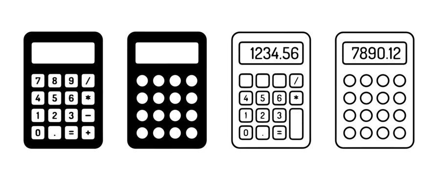 Calculator styles silhouette and linear outline vector icons set