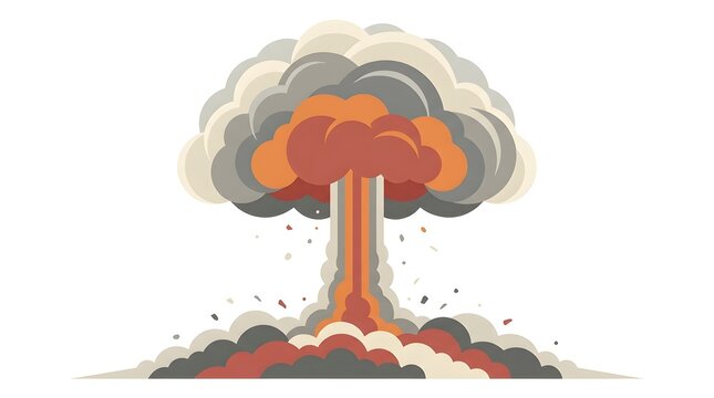 Flat vector illustration of a massive nuclear mushroom cloud explosion on white background