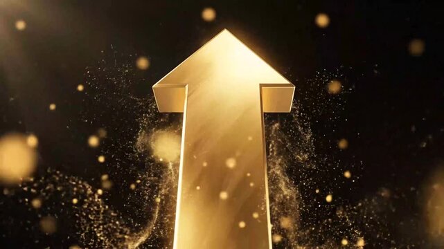 Low-angle golden arrow rising with sparkling particles