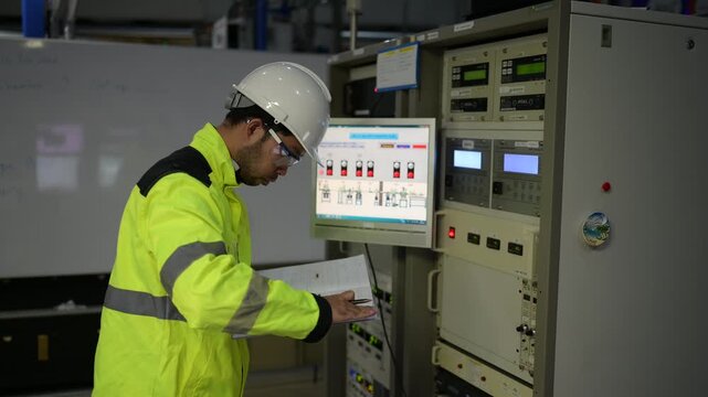 Male electrical engineer monitors and operates a factory electrical control panel. Concept of industrial automation, power system inspection, maintenance, safety, and engineering.