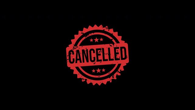 Red cancelled rubber stamp impact animation overlay, alpha channel overlay, transparent background