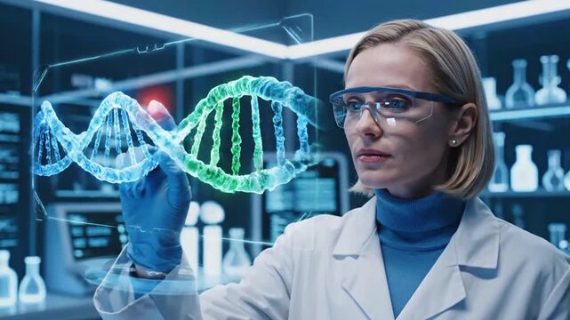 Low-angle scientist analyzing DNA hologram in lab