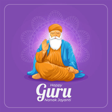 Happy guru nanak jayanti greeting card design with meditating spiritual leader illustration
