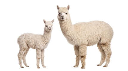 Fototapeta premium Alpaca and baby alpaca standing together on white png on isolated transparent background