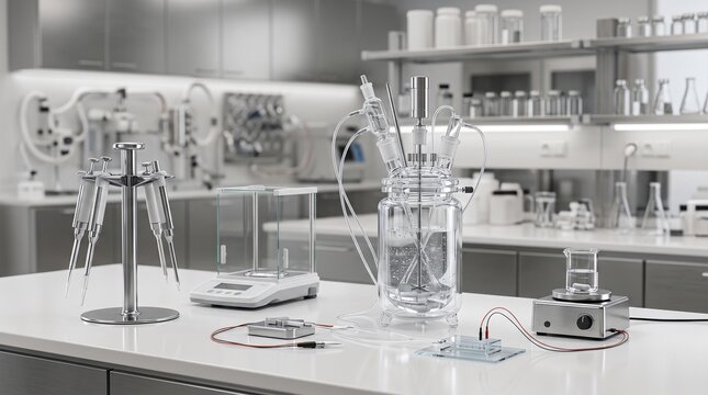 laboratory equipment glass reactor chemical reactor jacketed glass reactor laboratory glassware stirrer setup overhead stirrer analytical balance lab balance precision scale