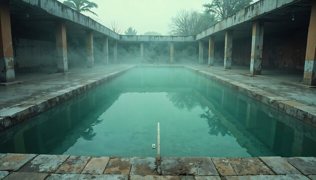 An eerie abandoned swimming pool sits shrouded in cold mist within a derelict, decaying courtyard, its still green water reflecting weathered columns.