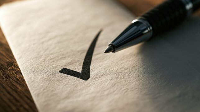 A black ink pen rests upon a textured paper sheet where a handwritten check mark indicates successful completion of a task while highlighting the importance of accuracy in professional daily