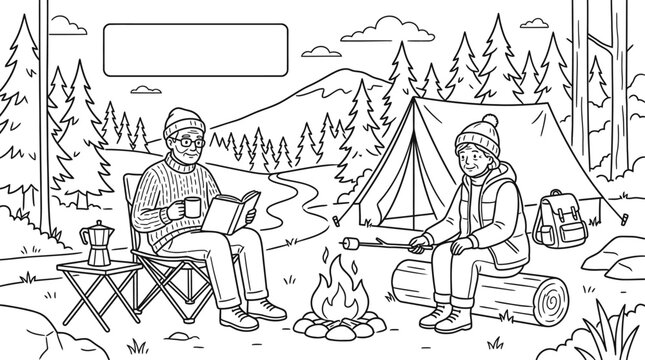 People camping by a campfire in the forest coloring page