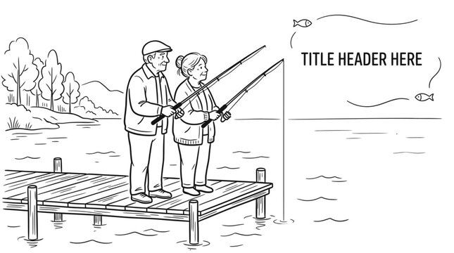 Senior couple fishing on a wooden pier by the lake