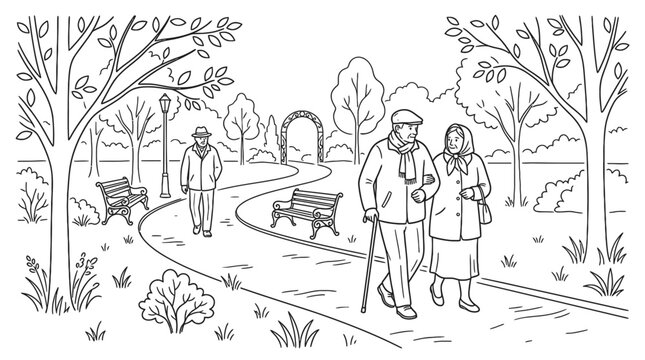 Elderly couple walking in a park line art drawing