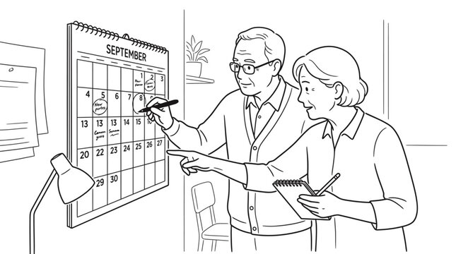 Senior couple planning their schedule on a wall calendar