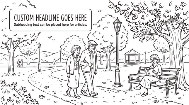 Senior couple walking and woman reading on bench in park