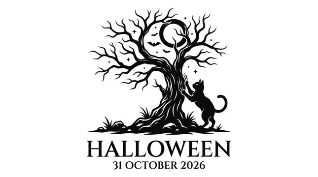 Black cat and scary tree silhouette for Halloween 2026