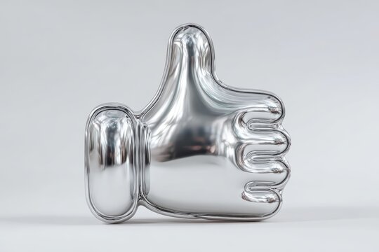 Silver Thumbs Up Symbol: A polished, reflective silver thumbs-up icon, symbolizing approval, agreement, and positivity, stands against a clean, bright backdrop.