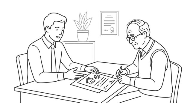 Senior man signing legal contract with lawyer in office
