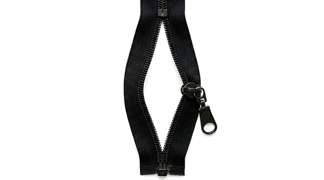 Black open zipper PNG with metal slider, partly unzipped fastener isolated on white background for clothing and graphic design